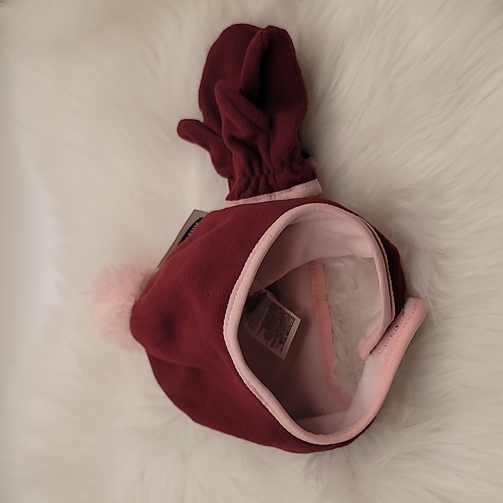Nwt Burgundy and Pink fleece Pom Pom soft Hat and Mittens set by Old Navy